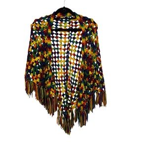 Vintage Handmade Crochet Rainbow Multicolor Open Knit Shoulder Shawl Fringe